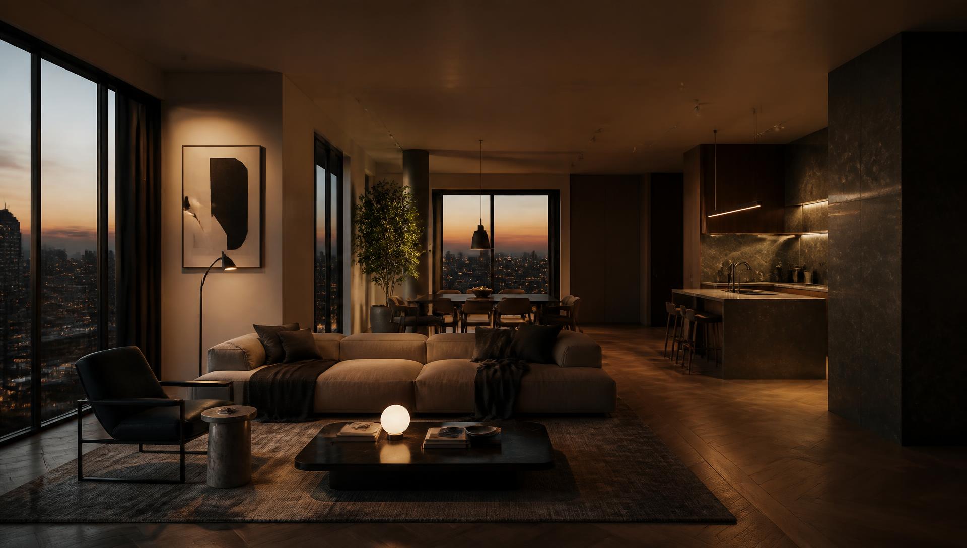 Premium apartment interior glowing at dusk