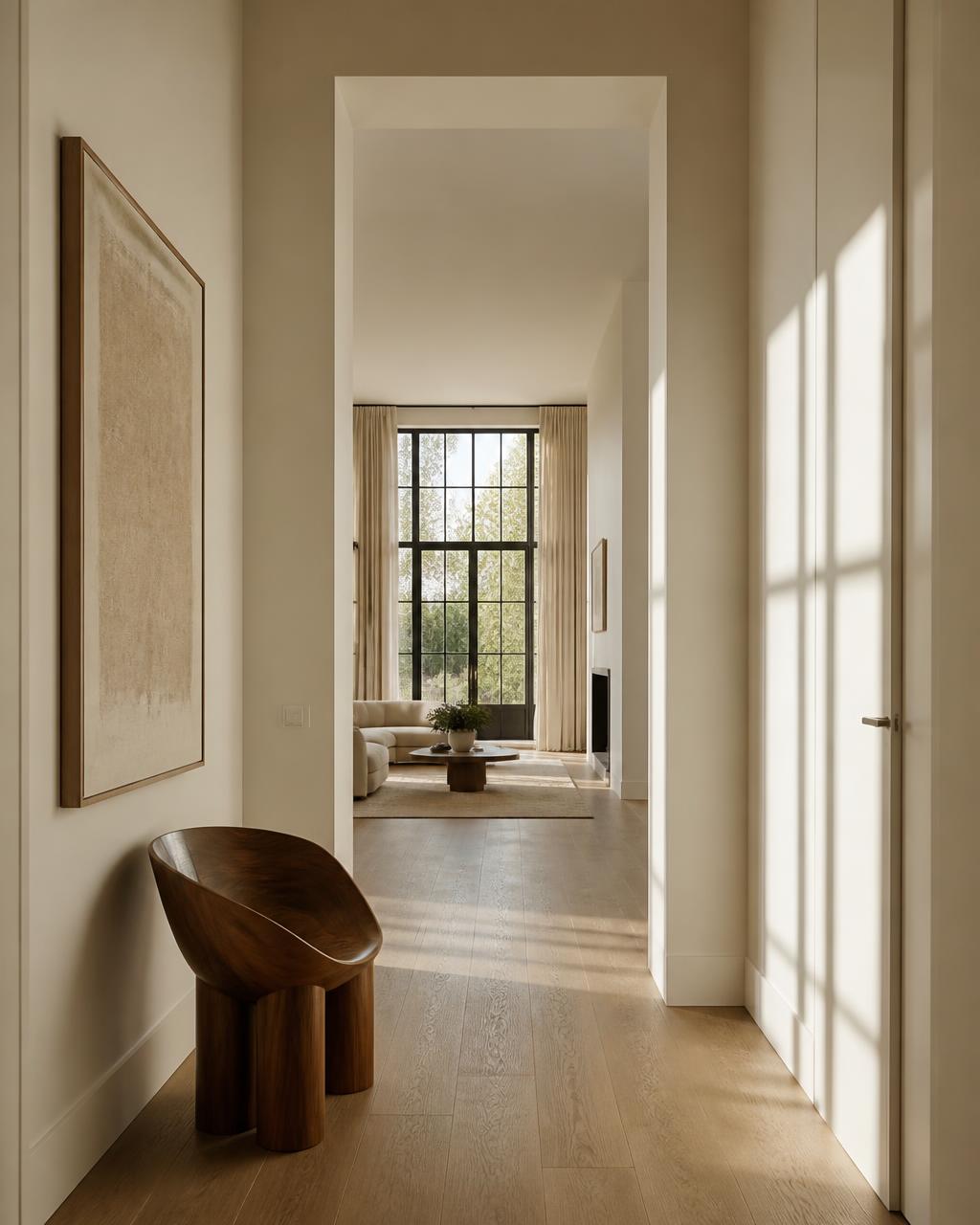 Minimal hallway opening into a sunlit living room with oak flooring